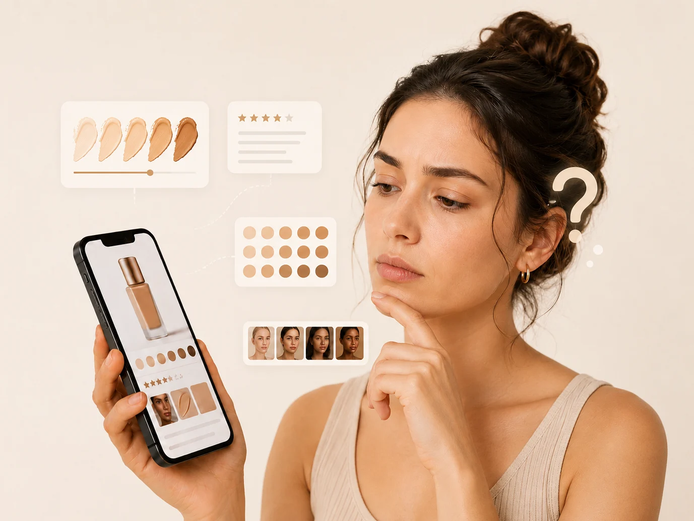 Cosmetics product page mockup with shade swatches and reviews