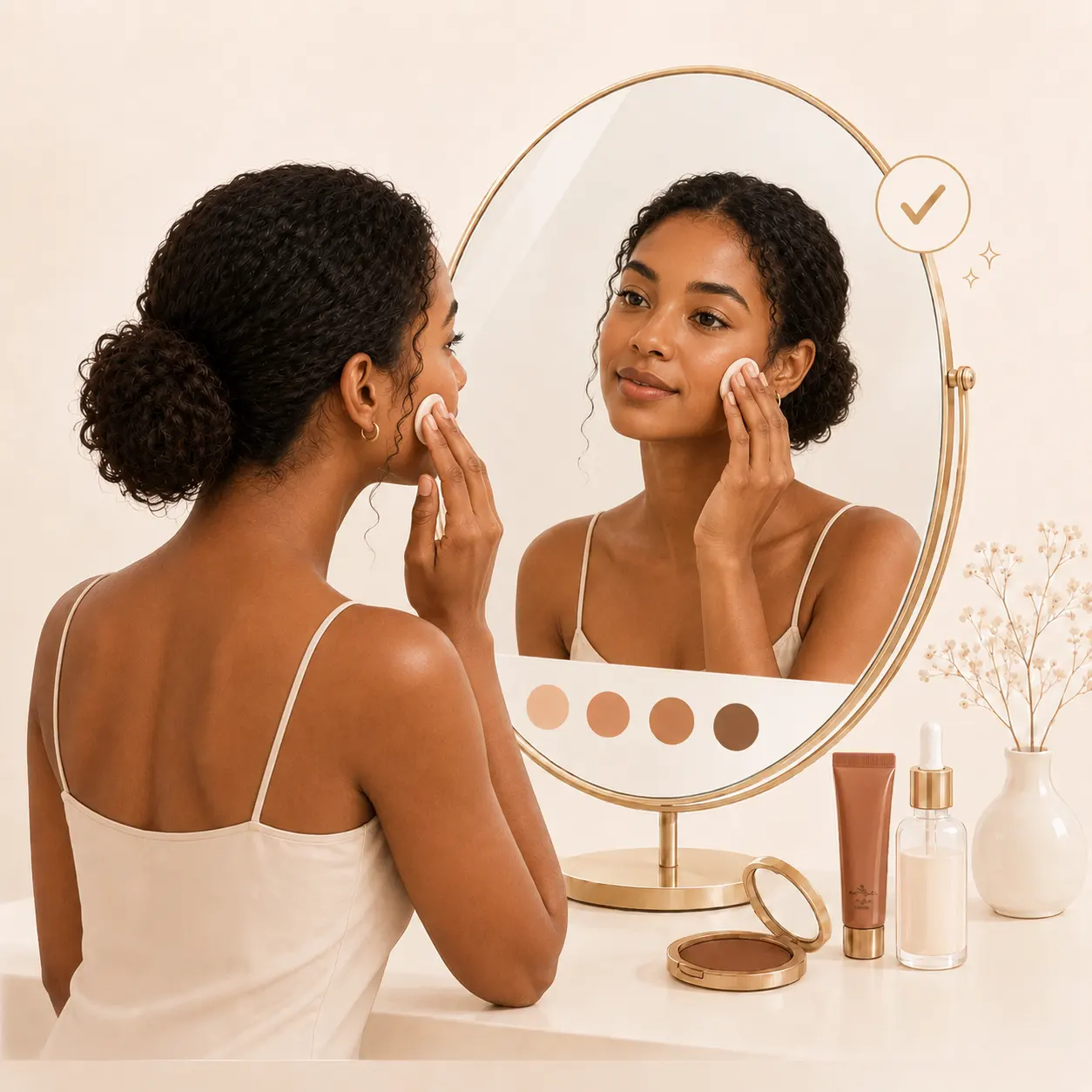Shopper checking makeup shades in a mirror