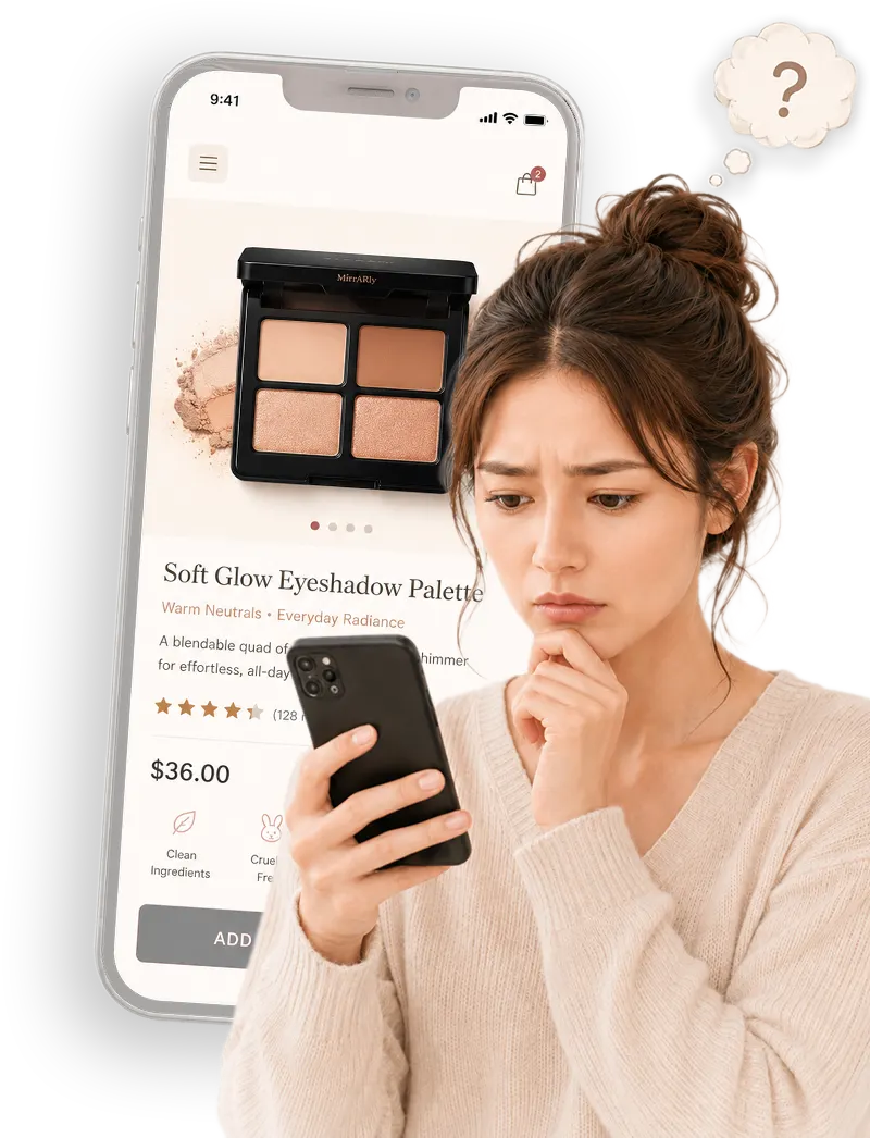 Shopper hesitating while viewing a makeup product page